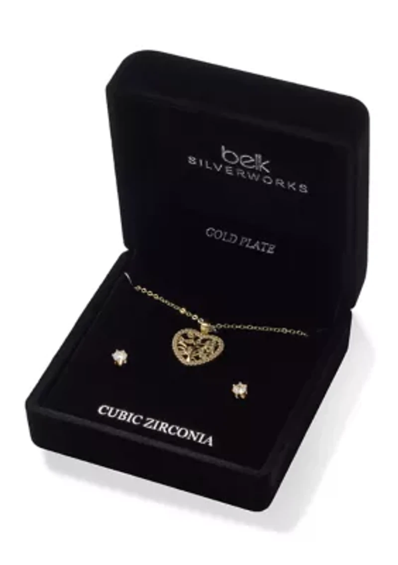 Gold Plated Family Tree Pendant Necklace Cubic Zirconia Stud Earring Set