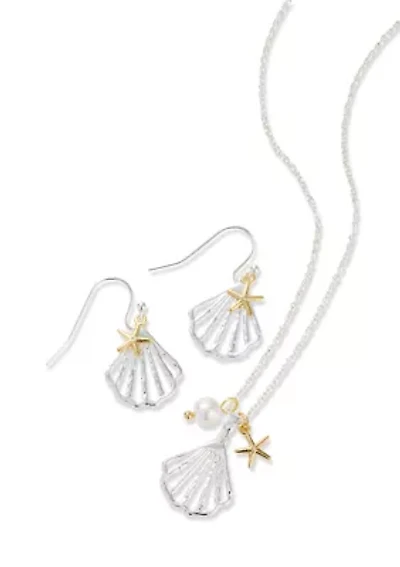 Lab Grown Seashell Pendant Necklace and Drop Earrings Set