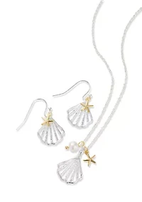 Lab Grown Seashell Pendant Necklace and Drop Earrings Set