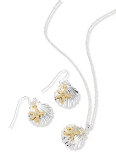 Lab Grown Two Tone Fine Plated Seashell Necklace and Earrings Set