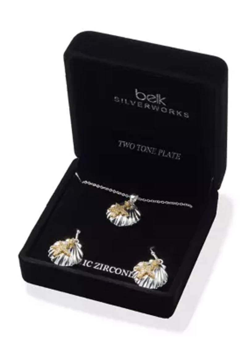 Lab Grown Two Tone Fine Plated Seashell Necklace and Earrings Set