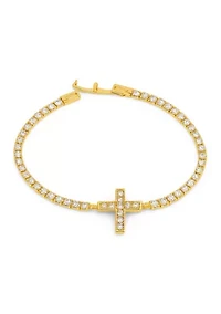 Lab Grown Gold-Plated Cross Center Cubic Zirconia Tennis Bracelet