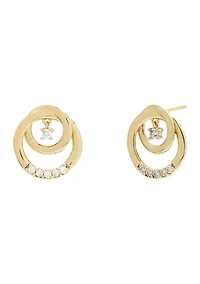 Sterling Silver Double Circle Cubic Zirconia Stud Earrings