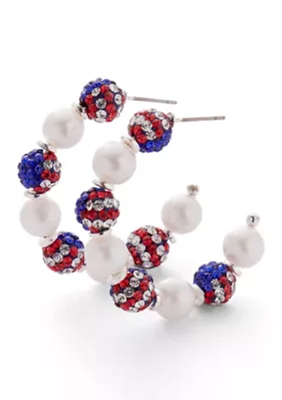 Red White Blue Beaded Pearl Hoop Earrings 
