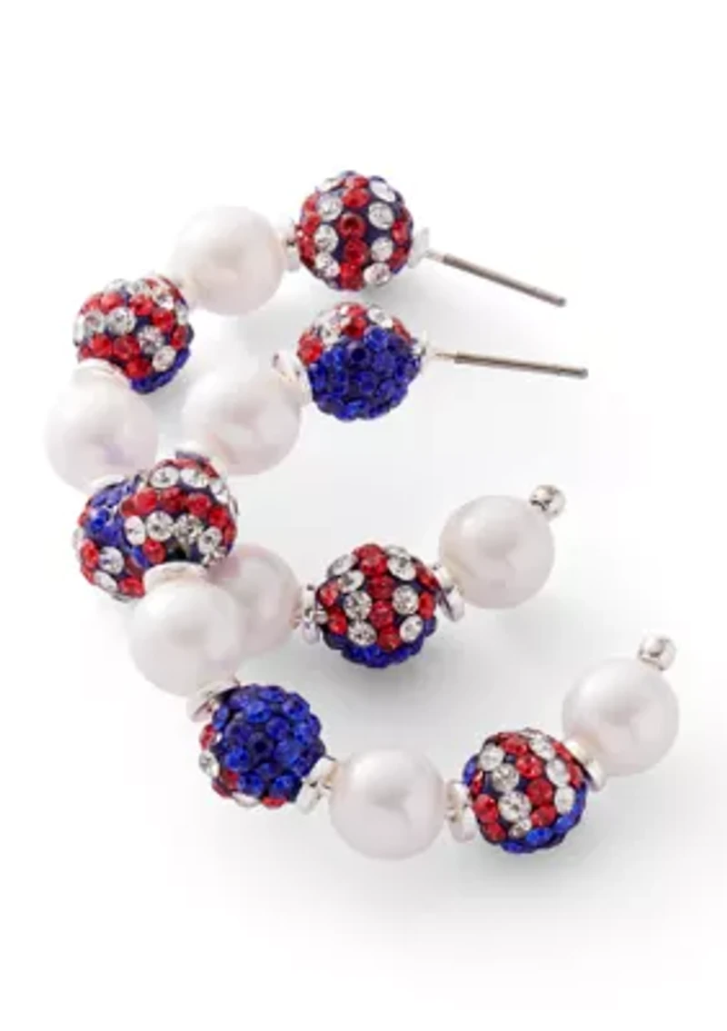 Red White Blue Beaded Pearl Hoop Earrings 