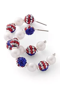 Red White Blue Beaded Pearl Hoop Earrings 