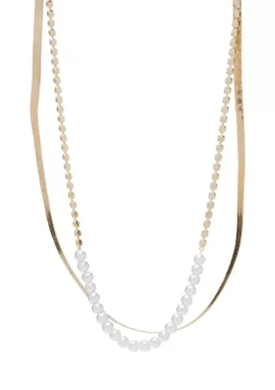 Gold Tone Chain Pearl Multi Strand Necklace