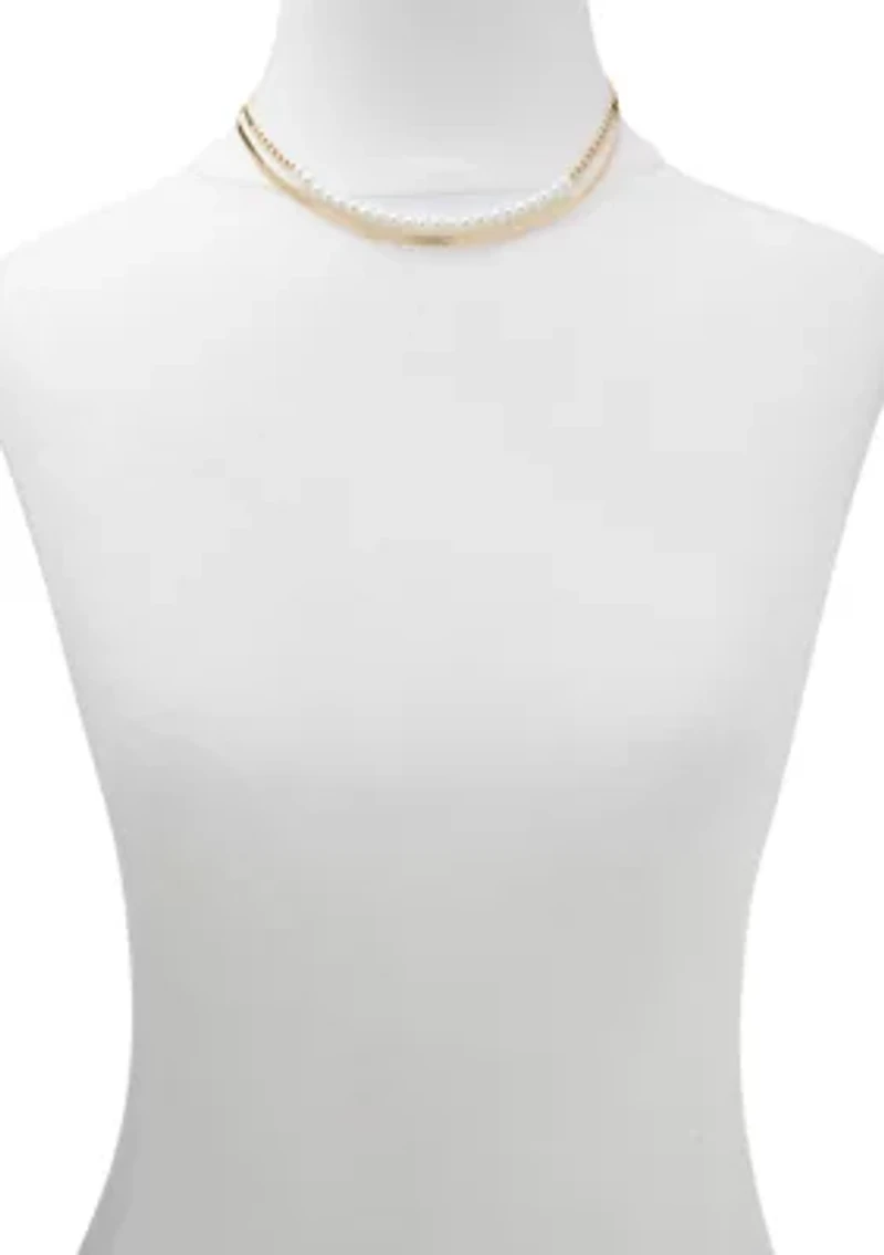 Gold Tone Chain Pearl Multi Strand Necklace