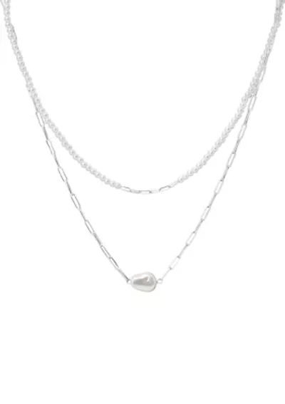 Silver Tone White Glass Pearl Sculpted Heart Necklace