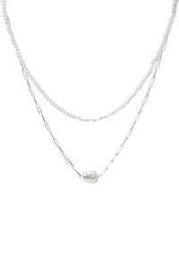 Silver Tone White Glass Pearl Sculpted Heart Necklace
