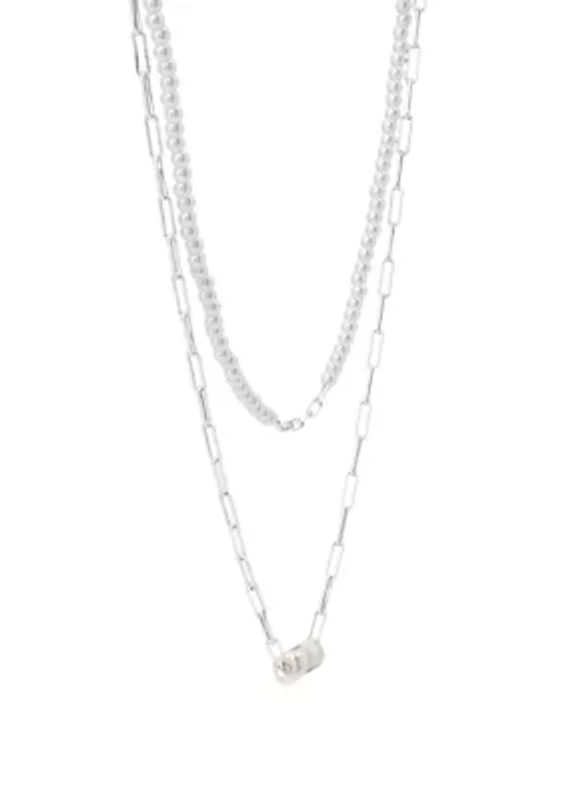 Silver Tone White Glass Pearl Sculpted Heart Necklace