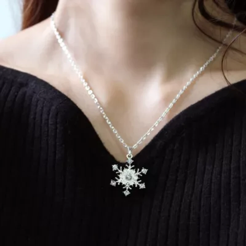 Snowflake CZ Pendant and Earring Set with Silver Plating