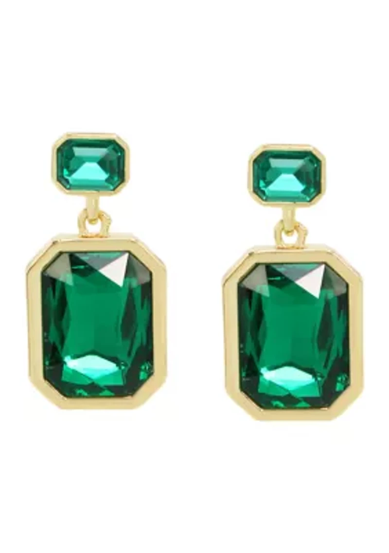 Gold Tone Stone Gem Double Drop Earrings
