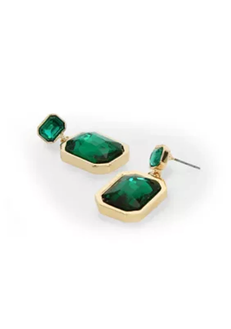 Gold Tone Stone Gem Double Drop Earrings