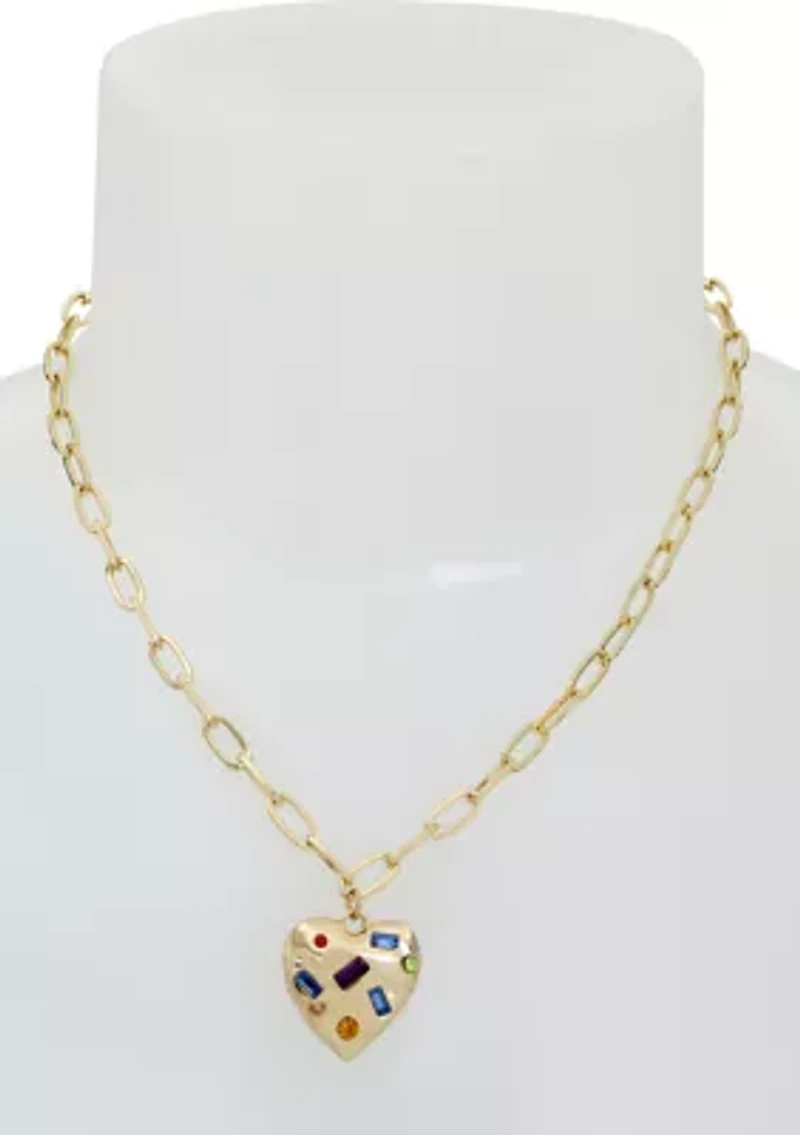 Stone Gem Heart Pendant Necklace