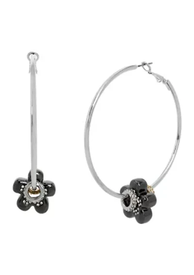 Puffy Flower Charm Hoop Earrings