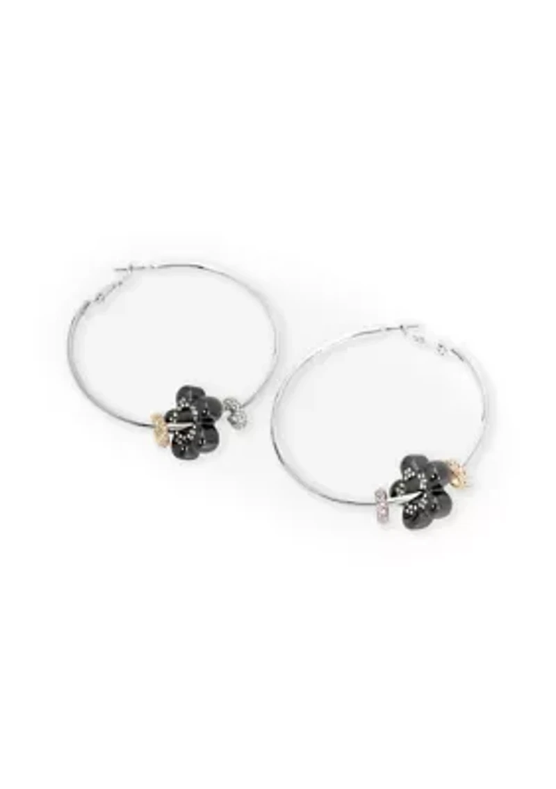 Puffy Flower Charm Hoop Earrings