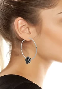 Puffy Flower Charm Hoop Earrings