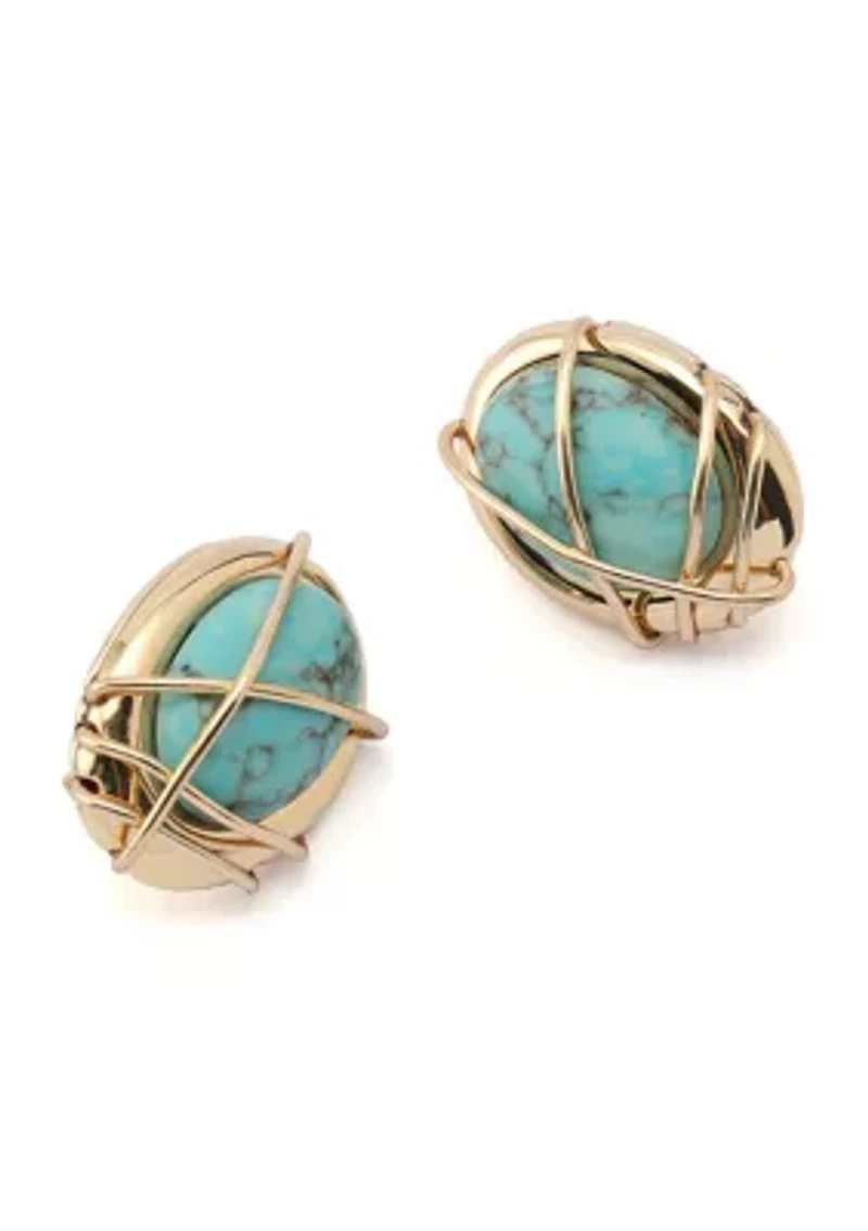 Turquoise Stone Button Clip-On Earrings