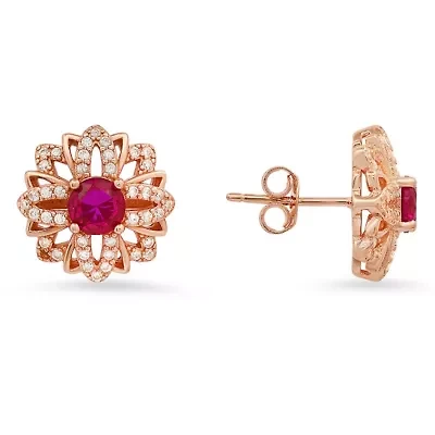 Lab Created 14k Rose Gold Over Silver Ruby CZ Floral Stud Earrings