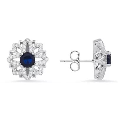 Lab Created Sterling Silver Sapphire CZ Floral Stud Earrings