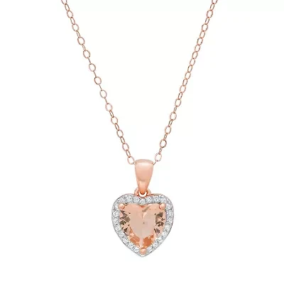 Rose Gold Over Silver Heart-cut Morganite CZ Halo Pendant