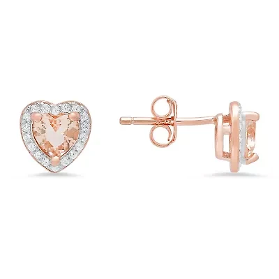 Rose Gold Over Silver Heart-cut Morganite CZ Halo Stud Earrings