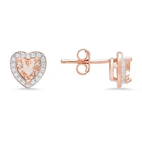 Rose Gold Over Silver Heart-cut Morganite CZ Halo Stud Earrings