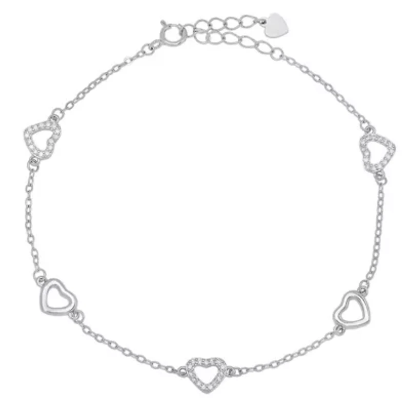 Lab Created Sterling Silver CZ Heart Station Bracelet