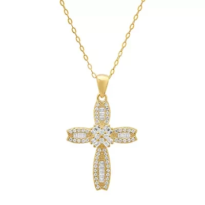 Lab Created 14k Gold Over Silver Petite Luxurious Baguette-cut CZ Cross Pendant