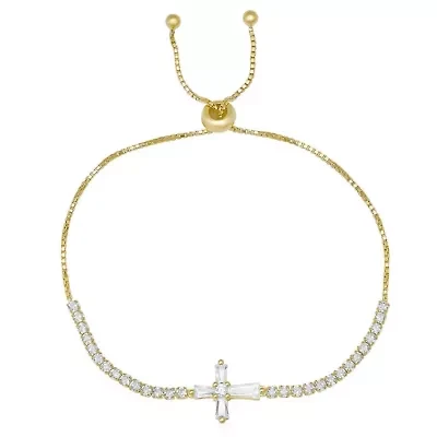 Lab Created 14k Gold Over Silver Baguette CZ Cross Adjustable Bracelet