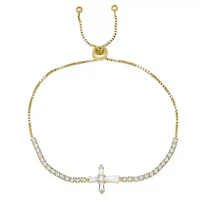 Lab Created 14k Gold Over Silver Baguette CZ Cross Adjustable Bracelet