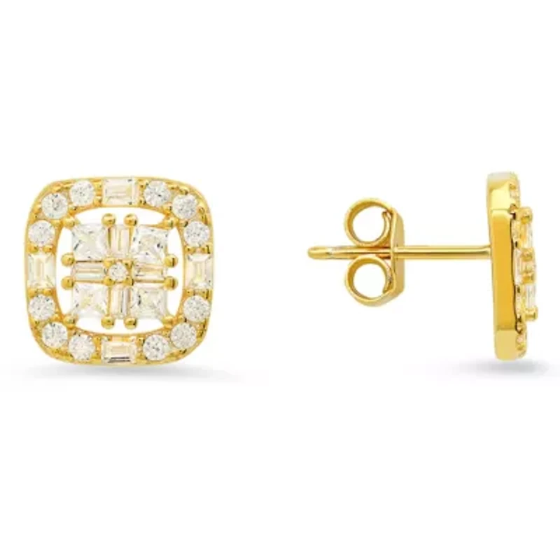 Lab Created Sterling Silver Princess/Baguette CZ Halo Stud Earrings