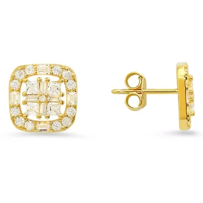 Lab Created Sterling Silver Princess/Baguette CZ Halo Stud Earrings