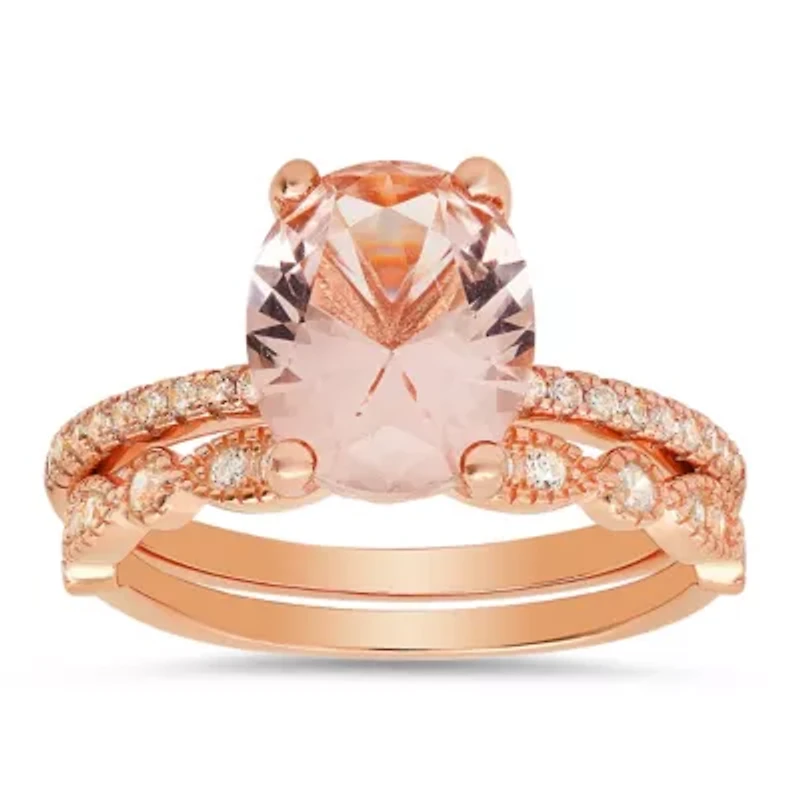 Lab Created 14k Rose Gold Over Silver Oval-cut Morganite CZ 2pc Stackable Ring Set