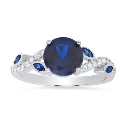 Lab Created Sterling Silver Sapphire CZ Floral Ring