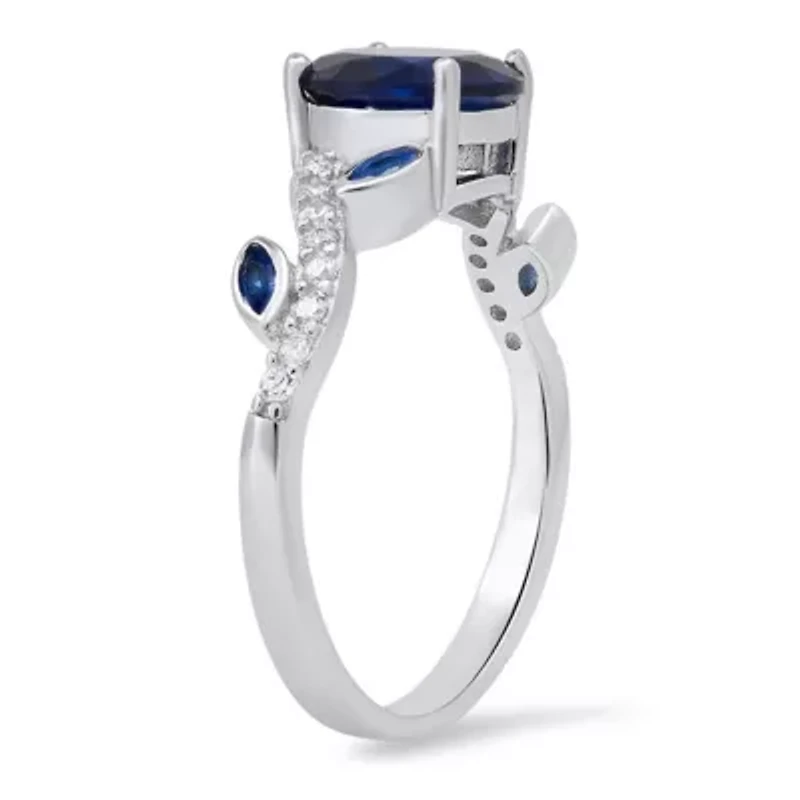 Lab Created Sterling Silver Sapphire CZ Floral Ring