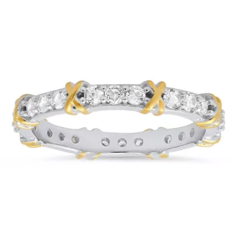 Lab Created Sterling Silver Two-Tone Round-cut CZ "X" Stackable Eternity Band Ring