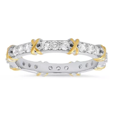 Lab Created Sterling Silver Two-Tone Round-cut CZ "X" Stackable Eternity Band Ring