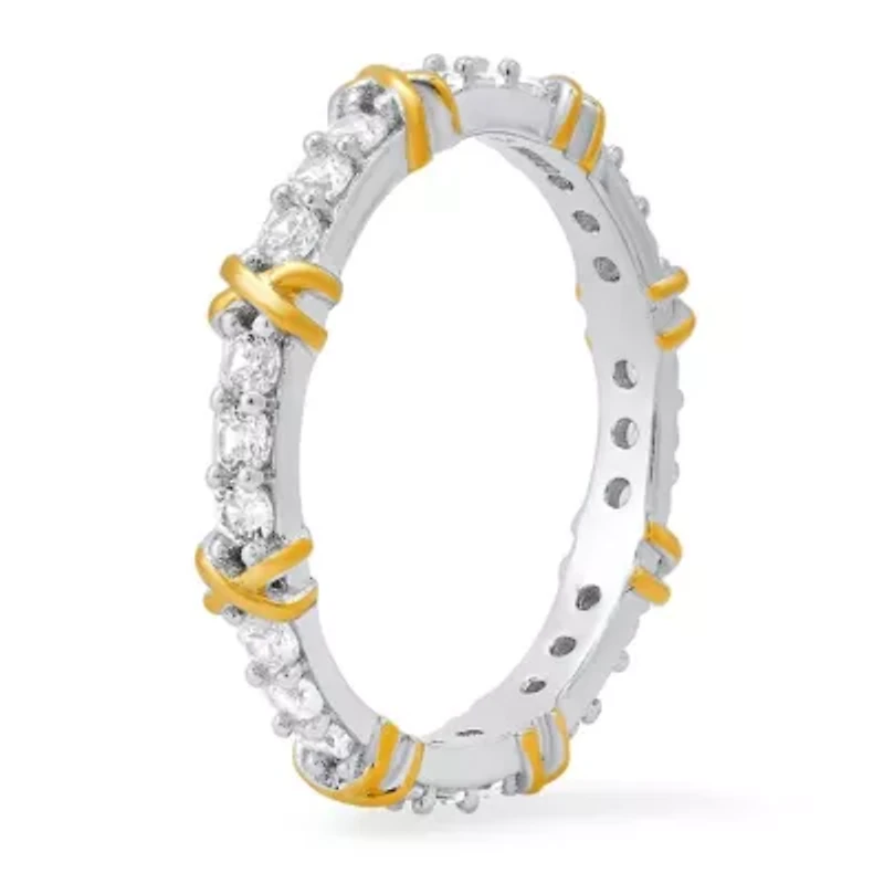 Lab Created Sterling Silver Two-Tone Round-cut CZ "X" Stackable Eternity Band Ring