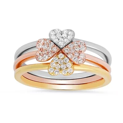 Lab Created Sterling Silver Tri-Color 3pc Stackable Heart Ring Set