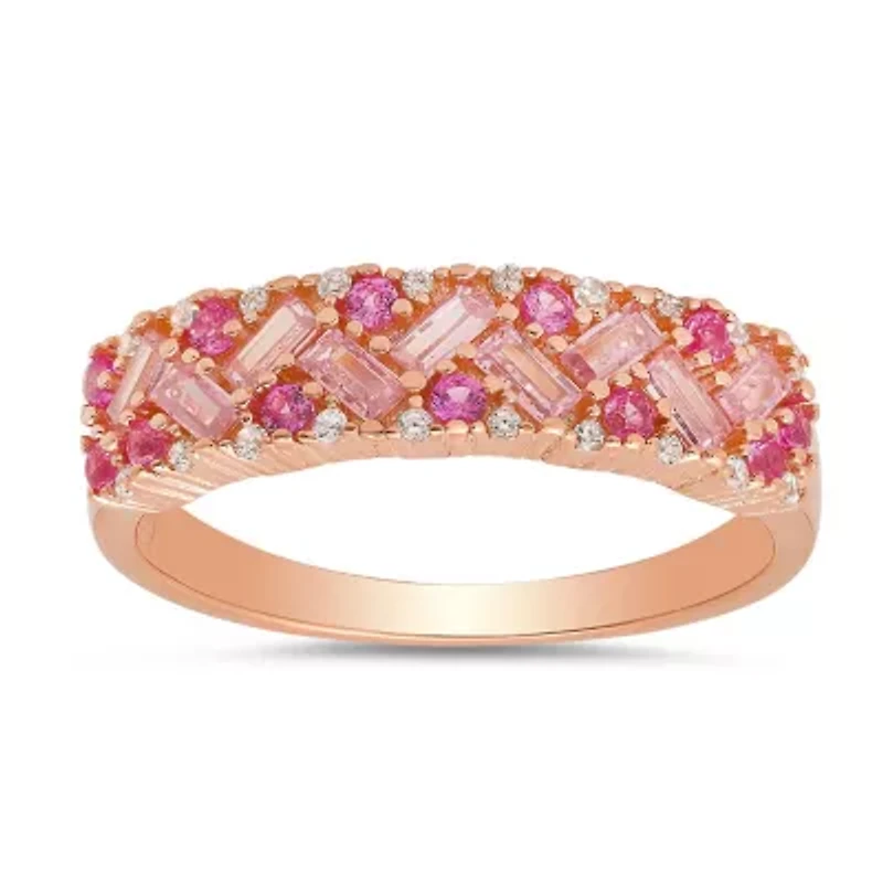 Sterling Silver Pink Ombre Baguette-cut CZ Band Ring