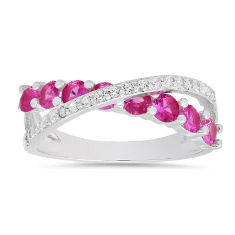 Sterling Silver Pink Sapphire CZ Crossover Ring