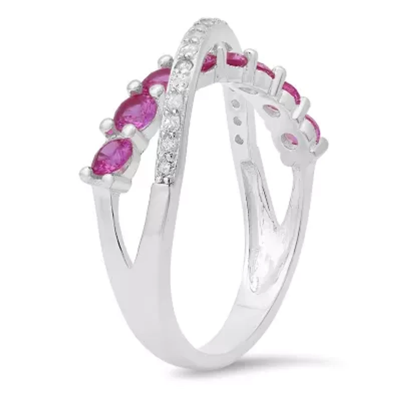 Sterling Silver Pink Sapphire CZ Crossover Ring