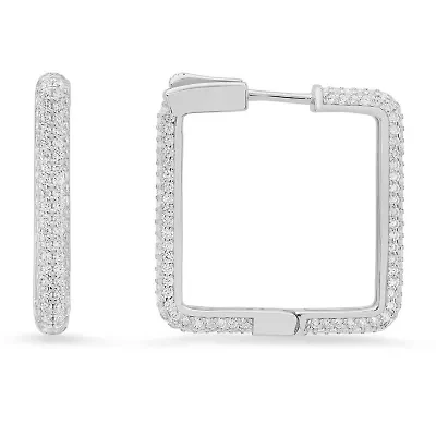 Sterling Silver Diamond Lock Pave CZ Square Shaped Hoop Earrings