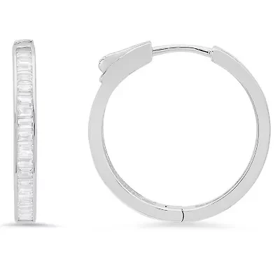 Sterling Silver Diamond Lock Baguette cut Hoop Earrings