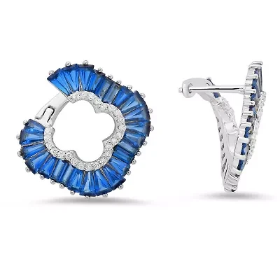 Sterling Silver Sapphire Clover Statement Hoop Earrings