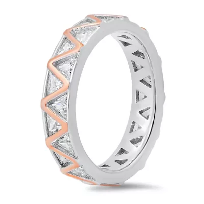 Sterling Silver Two-Tone Trillion-cut CZ Eternity Band Ring