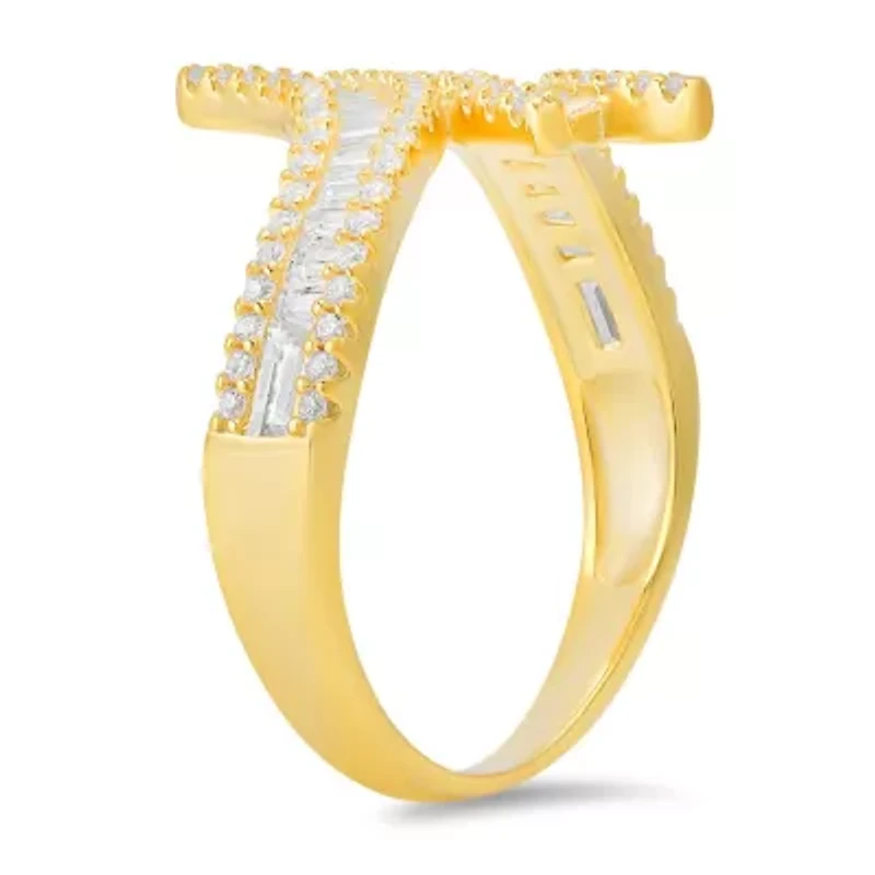 Sterling Silver Baguette-cut CZ Bypass Statement Ring