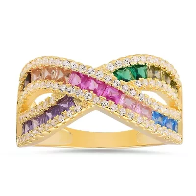 Sterling Silver Princess-cut Multi-color Crossover Highway Ring